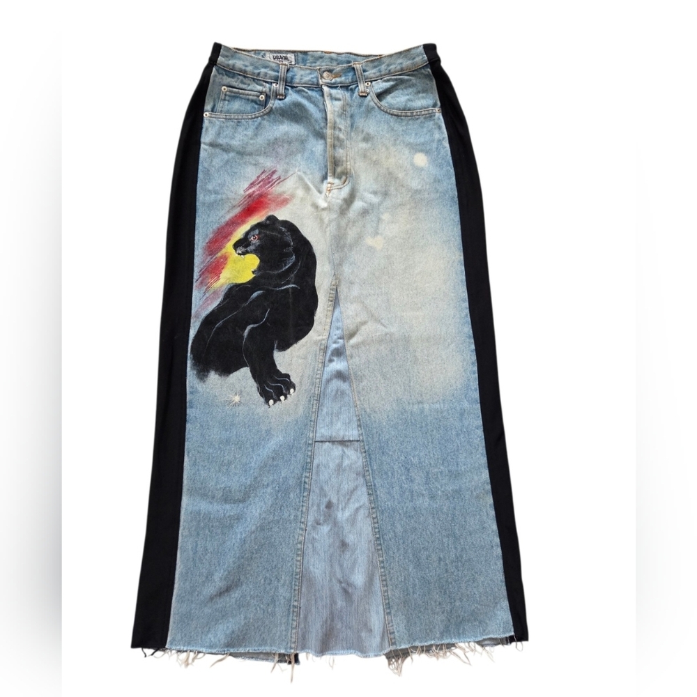 Upcycled Custom‎ Denim Maxi Skirt Hand-Painted Panther Graphic Streetwear Sz 32